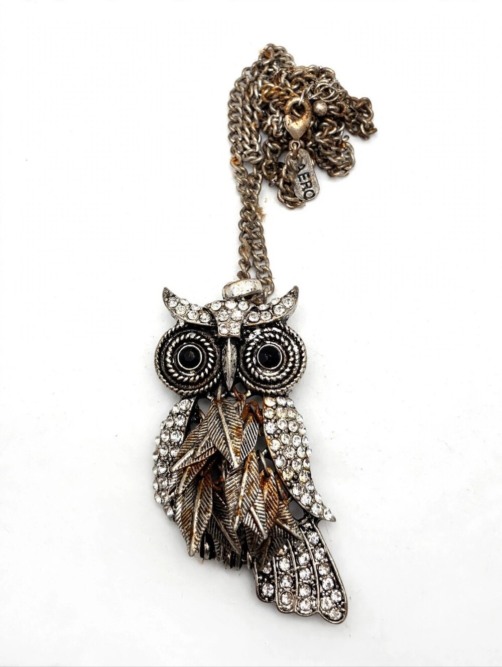 Aeropostale Silver Rhinestone Owl Pendant Necklace 18in Boho Y2K